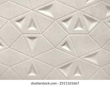 Random abstract triangle geometric pattern embossed, recessed, and carved on white tile surface. Seamless background texture.