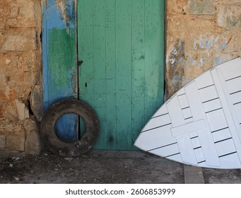 A random composition of sea shore workshop objects creating accidental art image