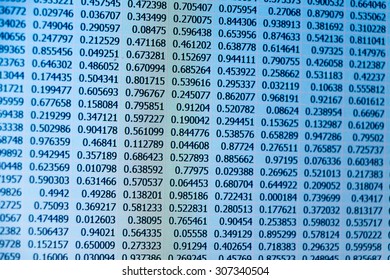 Random data as numbers captured from a laptop screen with blue/cold color tone
