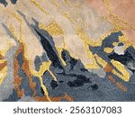 Random design with abstract pattern hand tufted carpet texture, in blue, dark blue, beige, and yellow color. Random abstract splashed pattern carpet rug seamless background texture