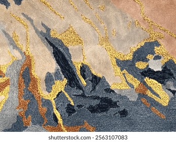 Random design with abstract pattern hand tufted carpet texture, in blue, dark blue, beige, and yellow color. Random abstract splashed pattern carpet rug seamless background texture