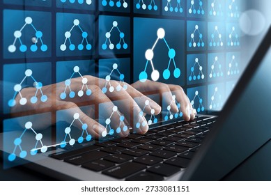 Random forest model in machine learning. Data analysis with regression and classification models. Data scientist using laptop computer for ensemble learning.
