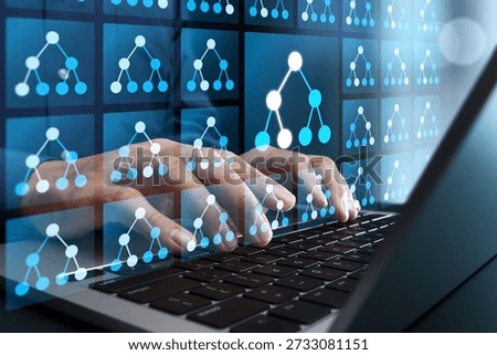 Random forest model in machine learning. Data analysis with regression and classification models. Data scientist using laptop computer for ensemble learning.