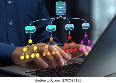 Random forest regression and classification models. Data analysis with machine learning. Data scientist using laptop computer for ensemble learning.