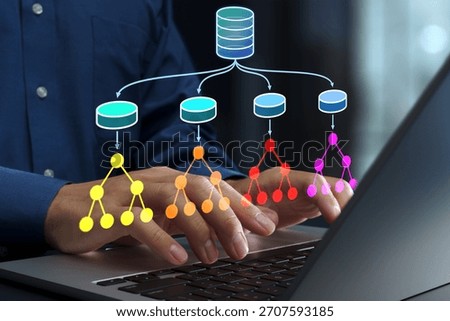 Random forest regression and classification models. Data analysis with machine learning. Data scientist using laptop computer for ensemble learning.