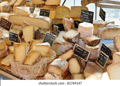 Random French Cheese At Rural Provence Market, Town Of Aix-en-Provence