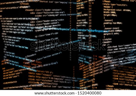 Random HTML codes in yellow and blue gradient overlay with black background. 