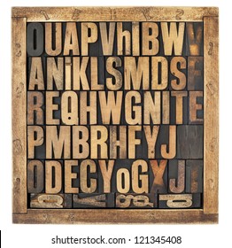 Random Letters Of Alphabet - Vintage Letterpress Wood Type Blocks In Rustic Box Isolated On White