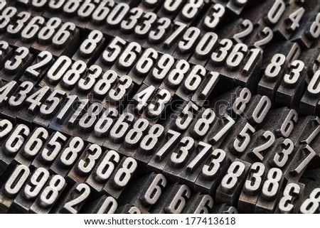 random numbers in vintage, grunge, dusty metal letterpress printing blocks