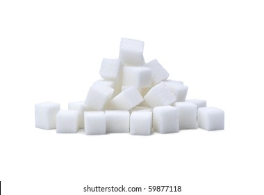 Random Pile Of Sugar Cubes On White