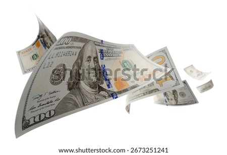 Randomly Falling U.S. 100 Dollar Bills Isolated on a White Background.