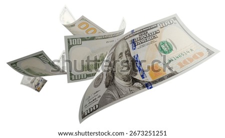 Randomly Falling U.S. 100 Dollar Bills Isolated on a White Background.