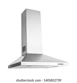 Range Hood Isolated on White Background. Island Ventilation. Stainless Steel Cooking Canopy. Front View of Fume Extractor. Electric Chimney. Kitchen and Domestic Major Appliances