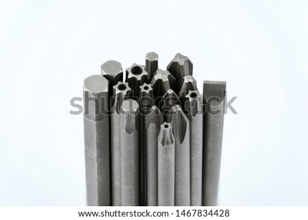 Range of screwdriver bits together, high resolution stacked image. phillips, pozidriv, torx, slotted, hexagon and external hexagon screw bits for industrial use