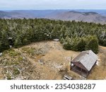 Ranger cabin seen from the fire tower on Hunter Mountain in the Catskills mountain range in winter.