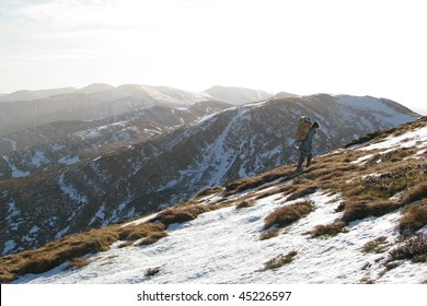 Ranger. Lonely ascent on the mount. Autumnal hike in the Carpathian mountains.