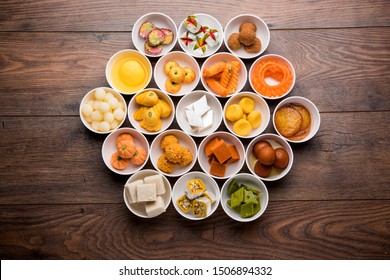 Rangoli Of Assorted Indian Sweets/mithai In Bowl For Diwali Or Any Other Festivals, Selective Focus