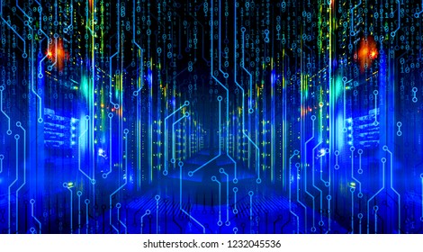 ranks of supercomputer data center in the background Binary circuit board future technology,