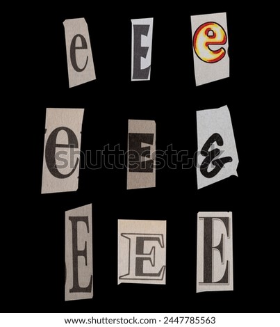 Ransom font type E from printout magazine cutout, collage element for graphic design, png isolated on black background