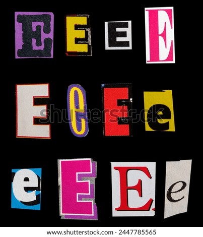 Ransom font type E from printout magazine cutout, collage element for graphic design, png isolated on black background