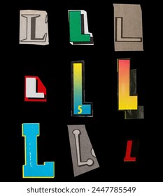 Ransom font type L from printout magazine cutout, collage element for graphic design, png isolated on black background