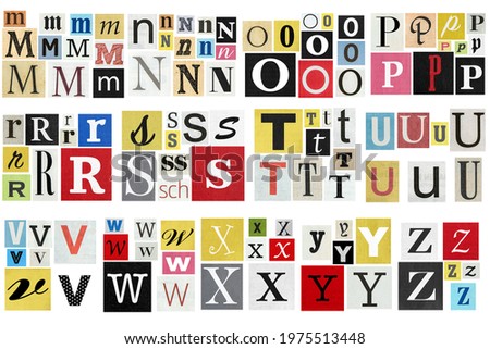 Ransom note alphabet Paper cut letters M-Z. Old newspaper magazine cutouts