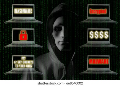 Ransomware Concept : Hacker with notebook computers showing signs relating ransomware and malware. Digital security technology concept.