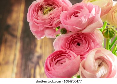 Ranunculus asiaticus or buttercup persian closeup on the blured wooden background. Bouquet of ranunculus as a present for Mother's Day or Women's Day or St. Valentine's Day. 