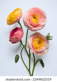 Ranunculus flowers. Pink and yellow flowers on a white background Blossoming Beauty: Colorful Bouquet of Fresh Spring florals in a Studio Setting. 