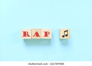 Rap Music Genre Or Style Concept. Creative Flat Lay Typography Composition In Blue Background.