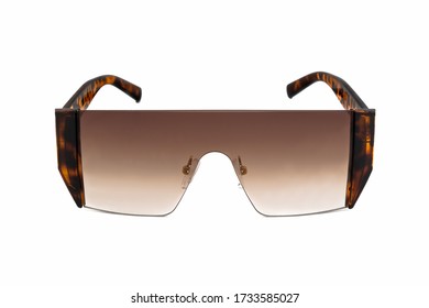 Rap star hiphop style rimless sunglasses and brown color gradient mono lens  flat top   leopard texture earpiece  isolated white background  front view 