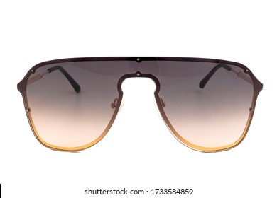 Rap star hiphop style sunglasses and brown color gradient mono lens  flat top   frameless  isolated white background  front view 