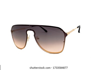 Rap star hiphop style sunglasses and brown color gradient mono lens  flat top   frameless  isolated white background  side view 