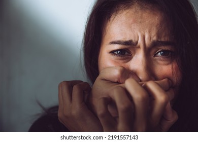 Rape And Sexual Abuse Concept, Kidnapping Use Hand Covering Girl Mouth, Close Up Woman's Face Feeling Scared.