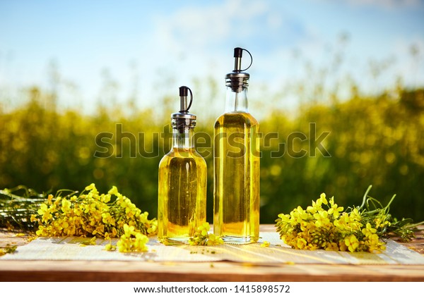 Rapeseed\
oil bottles (canola) on background rape field\
