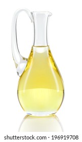 Rapeseed Oil In Decanter Isolated On White Background. Canola Oil Rich In Omega-3.