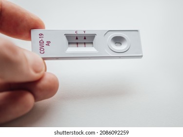 Rapid antigen detection test (RADT) with two red stripes showing a POSITIVE result of a human sample testing. Mans fingers holding the white plastic device with a COVID-19 Ag inscription.
