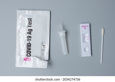 Rapid Antigen Test kit with Negative result during swab COVID-19 testing. Coronavirus Self nasal or Home test, Lockdown and Home Isolation concept