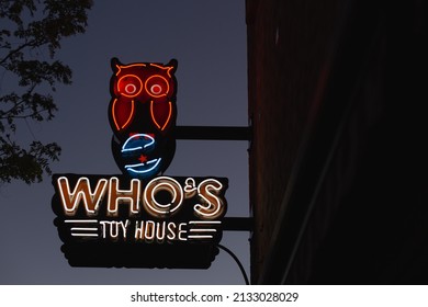 Rapid City, South Dakota - May 26, 2020: The neon owl sign for Who's Toy House. 