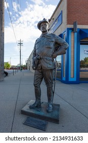 Rapid City, South Dakota - May 26, 2020: A Statue Of President Theodore Roosevelt In His Rough Riders Uniform, In The Downtown Area. Vertical Shot.