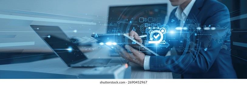 Rapid development, iterative process Businessman using tab with analysis data of growth to agile methodology global connection, scrum framework, sprint planning, project adaptability