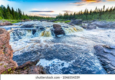 Rapid River Landscape. Water Cascade In Mountains