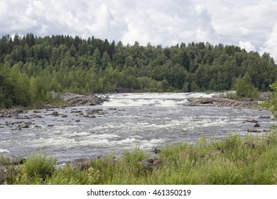 Rapid stream with a forest and a cloudy sky in the background