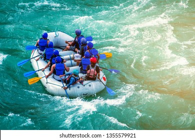 Rapids Ahead In Whitewater Rafting In River  Ganges In Rishikesh, India