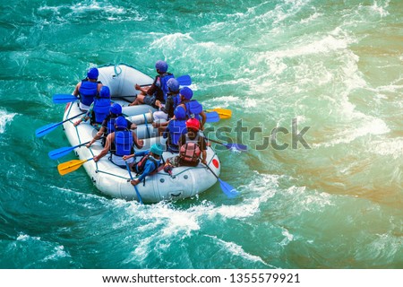 Rapids ahead in whitewater rafting in River  Ganges in Rishikesh, India