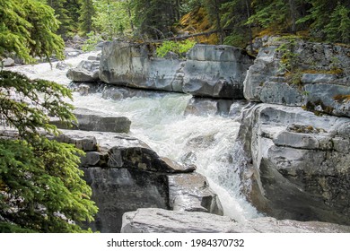 rapids between rocks and trees 