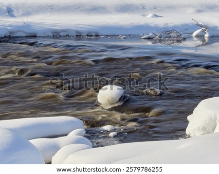 Rapids on the river at the end of winter: sunny day, stones in icy water, nature of Northern Europe, near Kerava in Finland.