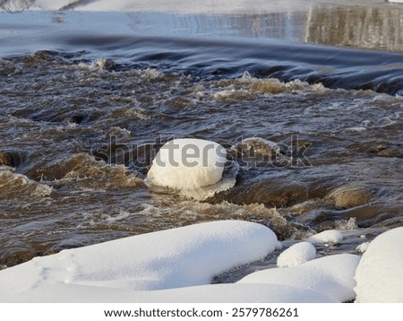 Rapids on the river at the end of winter: sunny day, stones in icy water, nature of Northern Europe, near Kerava in Finland.