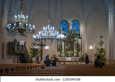 Rapla, Estonia - DECEMBER 25, 2017: Christmas Eve In The Church, After Christmas Service. Rapla Maarja-Magdaleena Church, Estonia.