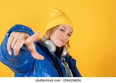 Rapper Woman With Headphones On Yellow Background